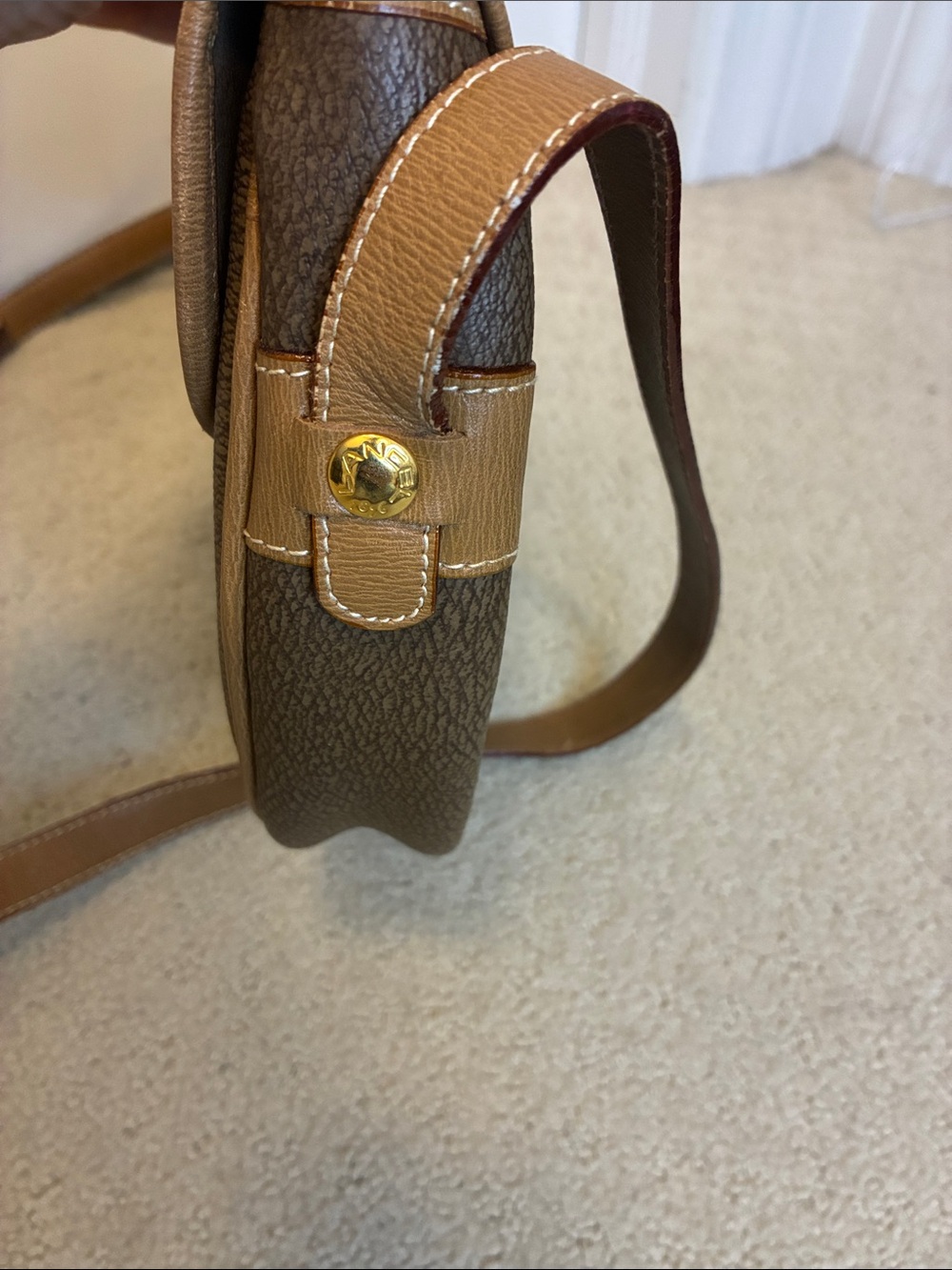 Vintage Lancel Paris Coated Canvas Crossbody Saddle Bag Brown Tan Trim👝 - Picture 8 of 11